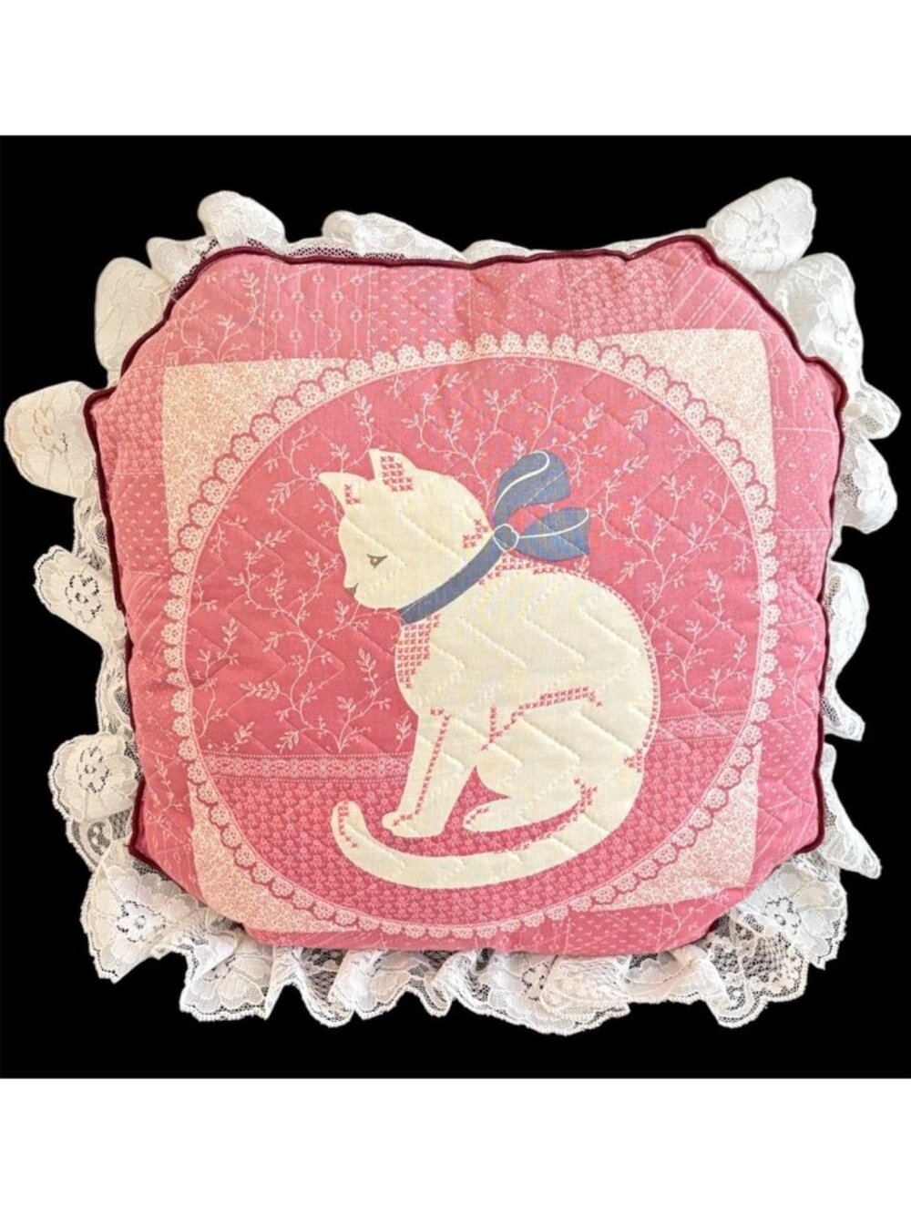Vintage 80s Cranston Quilted Cat Pillow Lace & Needlepoint Accents 14"x14"